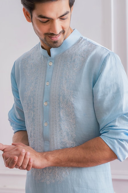 Buy_Ankit V Kapoor_Blue Satin Linen Floral Kurta Set_Online_at_Aza_Fashions