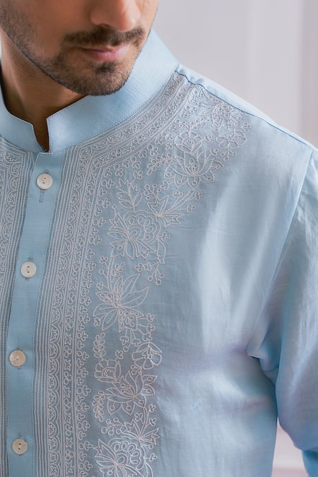 Shop_Ankit V Kapoor_Blue Satin Linen Floral Kurta Set_Online_at_Aza_Fashions