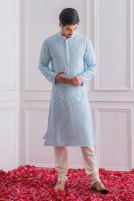 Ankit V Kapoor Blue Pure Georgette Embroidered Mirror Kurta Set 