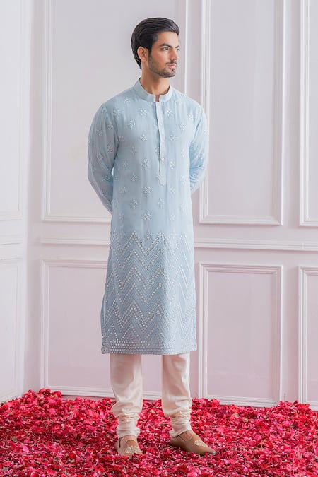 Ankit V Kapoor_Blue Pure Georgette Mirror Embroidered Kurta Set _Online_at_Aza_Fashions