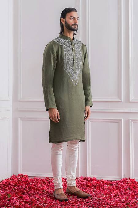 Ankit V Kapoor_Green Satin Linen Floral Kurta Set_Online_at_Aza_Fashions