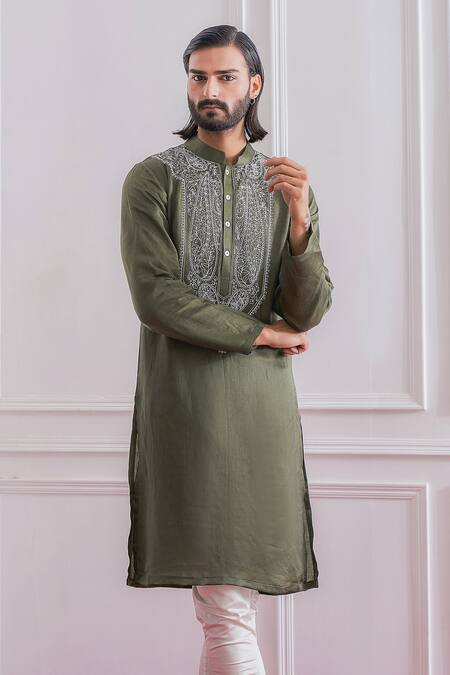 Buy_Ankit V Kapoor_Green Satin Linen Floral Kurta Set_Online_at_Aza_Fashions