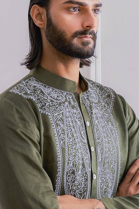 Shop_Ankit V Kapoor_Green Satin Linen Floral Kurta Set_Online_at_Aza_Fashions
