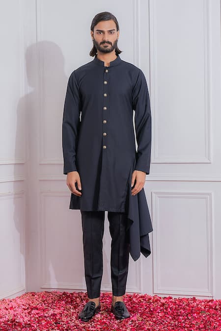 Ankit V Kapoor_Black Suiting Draped Kurta And Trouser Set _Online_at_Aza_Fashions