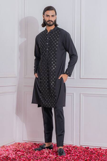 Ankit V Kapoor Black Cotton Silk Embellished Mirror Work Kurta Set