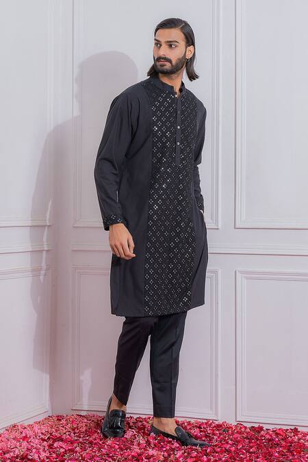 Ankit V Kapoor_Black Cotton Silk Mirror Work Embellished Kurta Set_Online_at_Aza_Fashions