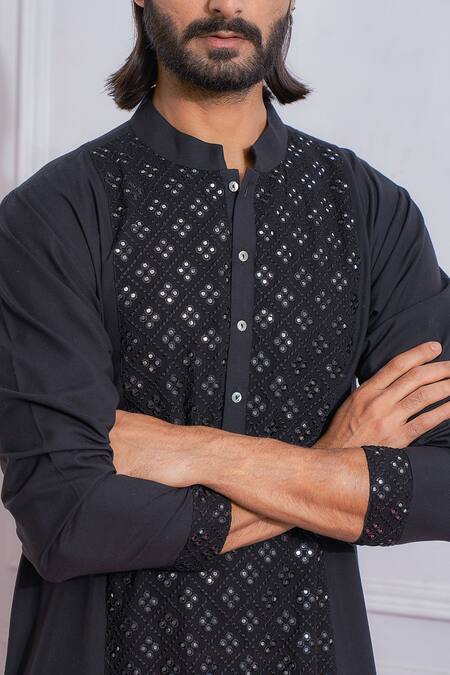 Shop_Ankit V Kapoor_Black Cotton Silk Mirror Work Embellished Kurta Set_Online_at_Aza_Fashions