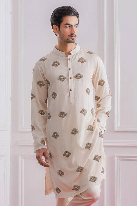 Shop_Ankit V Kapoor_White Cotton Silk Floral Motifs Embroidered Kurta Set_Online_at_Aza_Fashions