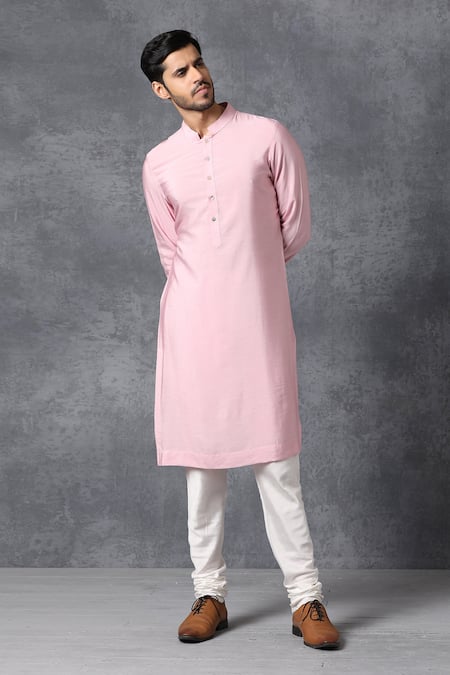 Shop_Ankit V Kapoor_Pink Cotton Silk Kurta And Pant Set _at_Aza_Fashions