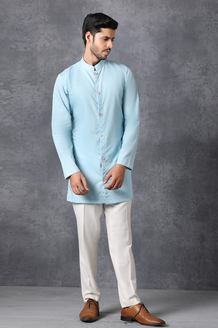 Ankit V Kapoor_Blue Silk, Cotton Jacket And Kurta Set_Online_at_Aza_Fashions