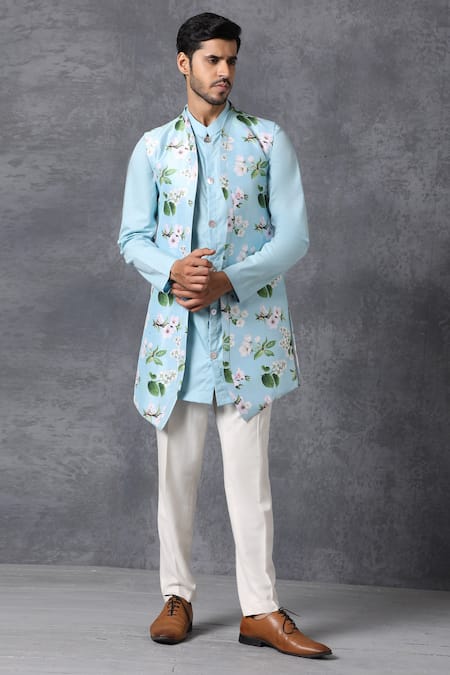 Buy_Ankit V Kapoor_Blue Silk, Cotton Jacket And Kurta Set_Online_at_Aza_Fashions