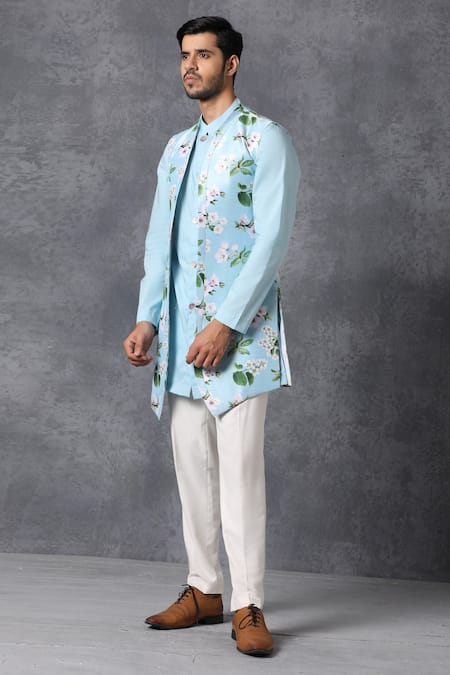 Shop_Ankit V Kapoor_Blue Silk, Cotton Jacket And Kurta Set_Online_at_Aza_Fashions