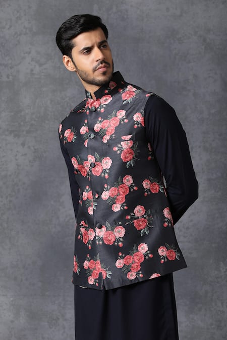 Ankit V Kapoor Blue Cotton Printed Nehru Jacket 