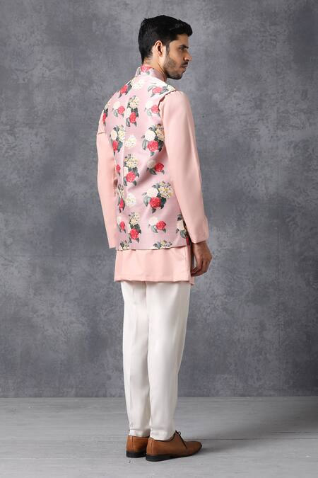 Shop_Ankit V Kapoor_Peach Cotton Printed Nehru Jacket _at_Aza_Fashions