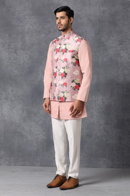 Ankit V Kapoor_Peach Cotton Printed Nehru Jacket _Online_at_Aza_Fashions