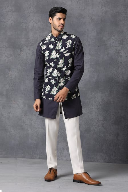 Ankit V Kapoor Blue Crepe Printed Nehru Jacket Online at Aza Fashions Ankit V Kapoor_Blue Crepe Printed Nehru Jacket_Online_at_Aza_Fashions