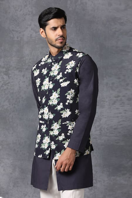 Shop Ankit V Kapoor Blue Crepe Printed Nehru Jacket Online at Aza Fashions Shop_Ankit V Kapoor_Blue Crepe Printed Nehru Jacket_Online_at_Aza_Fashions