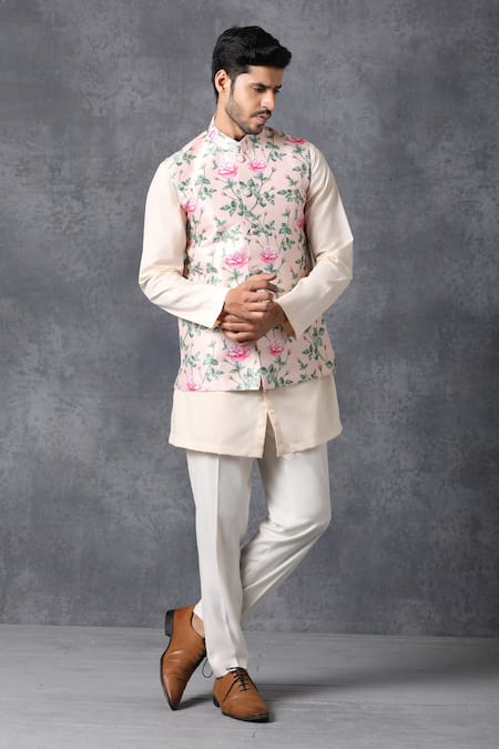 Ankit V Kapoor_Pink Silk, Cotton Printed Nehru Jacket_Online_at_Aza_Fashions