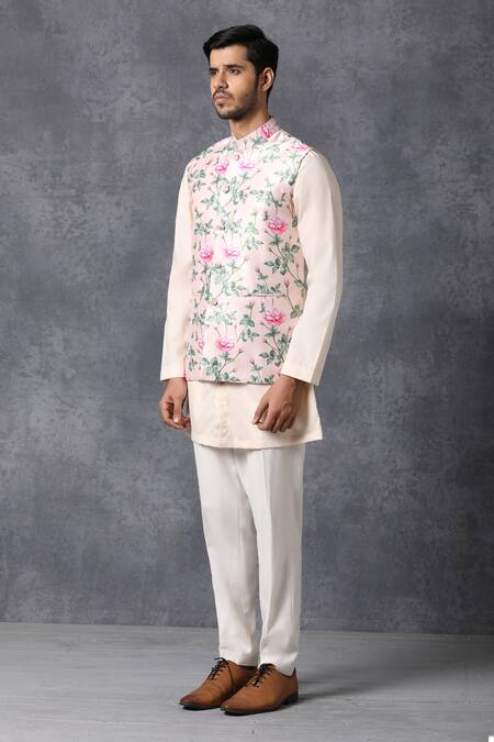 Buy_Ankit V Kapoor_Pink Silk, Cotton Printed Nehru Jacket_Online_at_Aza_Fashions