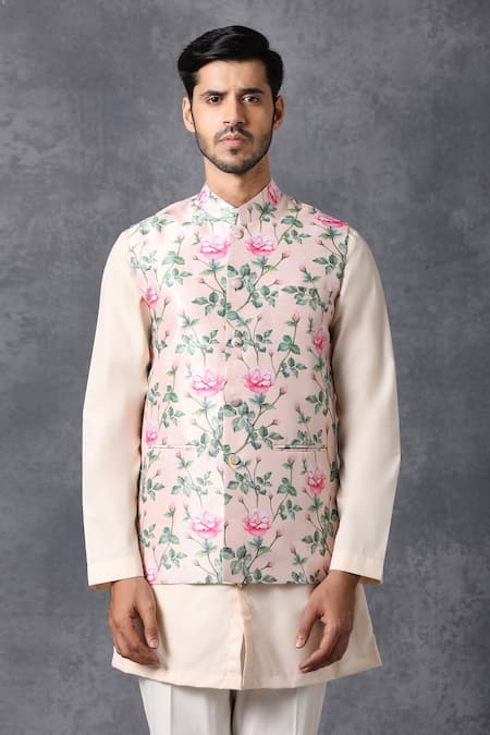 Shop_Ankit V Kapoor_Pink Silk, Cotton Printed Nehru Jacket_Online_at_Aza_Fashions