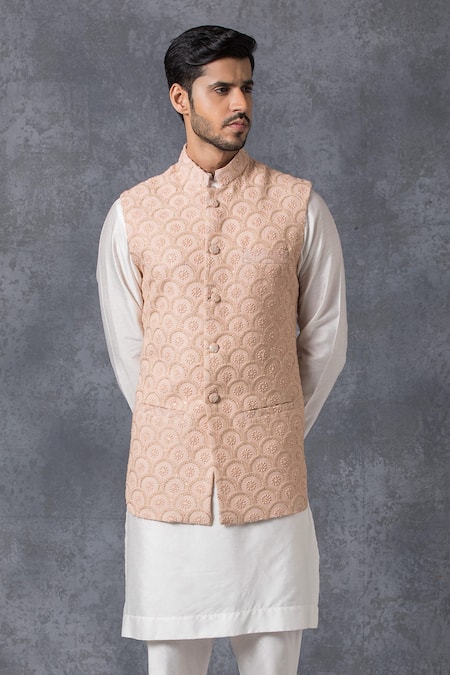 Peach Color Nehru Jacket Set For Wedding