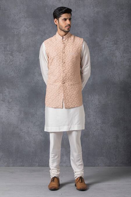 Ankit V Kapoor_Peach Pure Georgette Lucknowi Embroidered Nehru Jacket _Online_at_Aza_Fashions