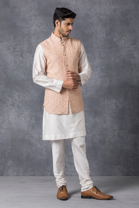 Buy_Ankit V Kapoor_Peach Pure Georgette Lucknowi Embroidered Nehru Jacket _Online_at_Aza_Fashions