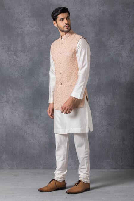 Shop_Ankit V Kapoor_Peach Pure Georgette Lucknowi Embroidered Nehru Jacket _Online_at_Aza_Fashions