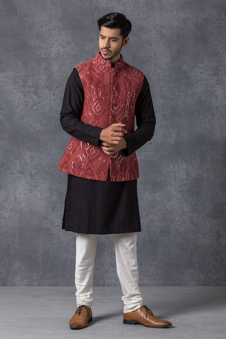 Woven Art Silk Jacquard Nehru Jacket in Maroon : MLY1671