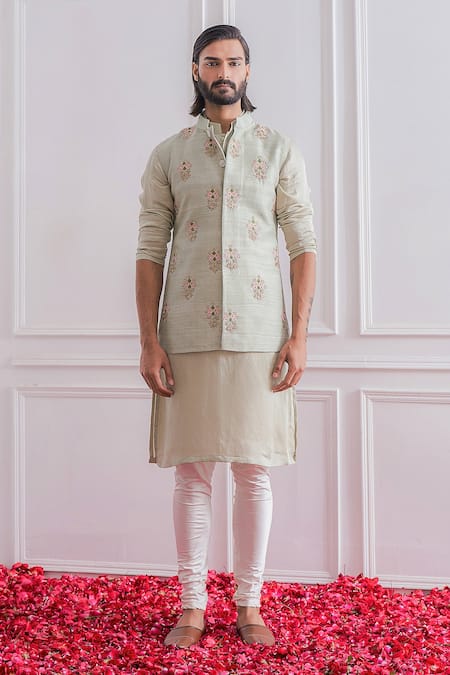 Ekam By Manish Floral Print Nehru Jacket | White, Floral, Semi Silk Moonga,  Band, Sleeveless | Nehru jackets, Aza fashion, Fashion