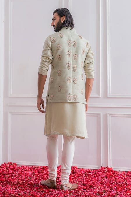 Shop_Ankit V Kapoor_Green Raw , Cotton Floral Embroidered Nehru Jacket _at_Aza_Fashions