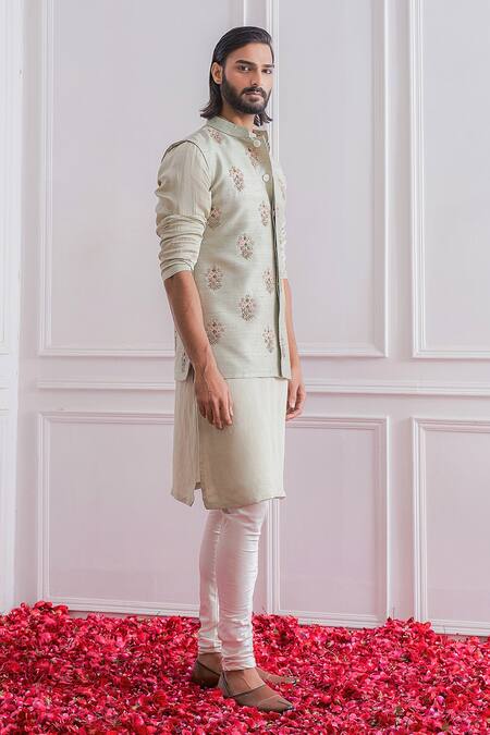 Ankit V Kapoor_Green Raw , Cotton Floral Embroidered Nehru Jacket _Online_at_Aza_Fashions