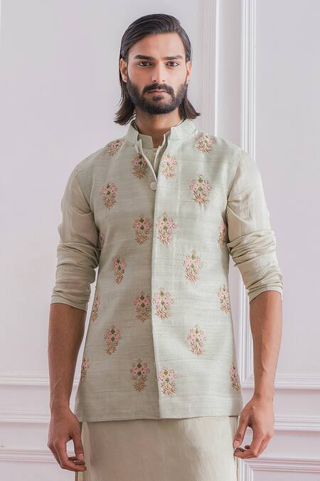 Buy_Ankit V Kapoor_Green Raw , Cotton Floral Embroidered Nehru Jacket _Online_at_Aza_Fashions
