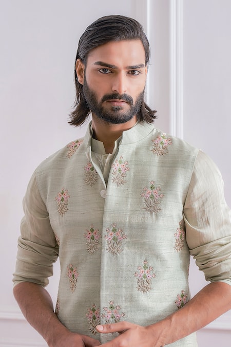 Shop_Ankit V Kapoor_Green Raw , Cotton Floral Embroidered Nehru Jacket _Online_at_Aza_Fashions