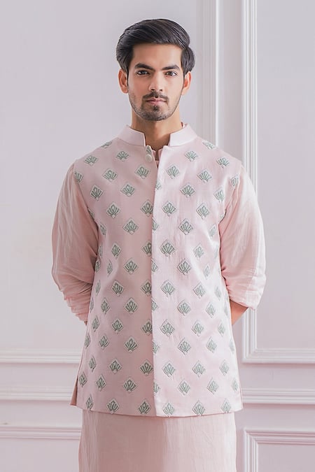 Ankit V Kapoor_Pink Cotton Silk Geometric Embroidered Nehru Jacket_Online_at_Aza_Fashions