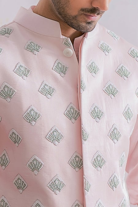 Buy_Ankit V Kapoor_Pink Cotton Silk Geometric Embroidered Nehru Jacket_Online_at_Aza_Fashions