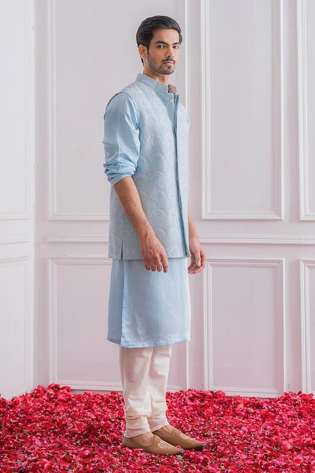 Ankit V Kapoor_Blue Pure Georgette Lucknowi Work Nehru Jacket _Online_at_Aza_Fashions