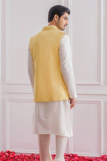 Yellow Block Printed Nehru Jacket With Kurta Set For Boys Design by Tiny  Colour at Pernia's Pop Up Shop 2024