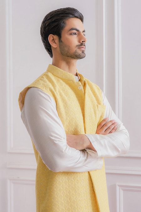 Buy_Ankit V Kapoor_Yellow Pure Georgette Lining Twill Satin Sequins Lucknowi Nehru Jacket_Online_at_Aza_Fashions