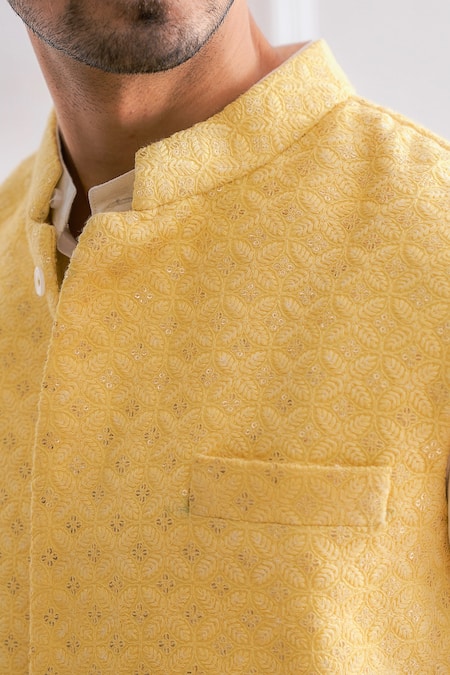 Shop_Ankit V Kapoor_Yellow Pure Georgette Lining Twill Satin Sequins Lucknowi Nehru Jacket_Online_at_Aza_Fashions