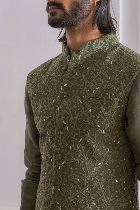 Shop Ankit V Kapoor Green Pure Georgette Lining Twill Satin Thread And Zari Lucknowi Nehru Jacket Online at Aza Fashions Shop_Ankit V Kapoor_Green Pure Georgette Lining Twill Satin Thread And Zari Lucknowi Nehru Jacket _Online_at_Aza_Fashions
