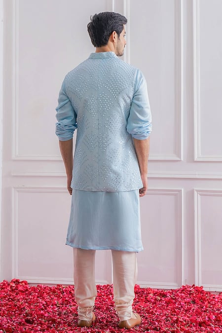 Shop Ankit V Kapoor Blue Cotton Mirror Work Embroidered Nehru Jacket at Aza Fashions Shop_Ankit V Kapoor_Blue Cotton Mirror Work Embroidered Nehru Jacket _at_Aza_Fashions