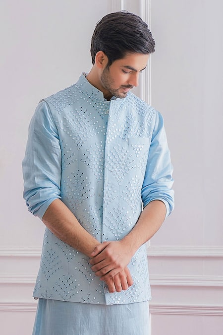 Ankit V Kapoor Blue Cotton Mirror Work Embroidered Nehru Jacket Online at Aza Fashions Ankit V Kapoor_Blue Cotton Mirror Work Embroidered Nehru Jacket _Online_at_Aza_Fashions