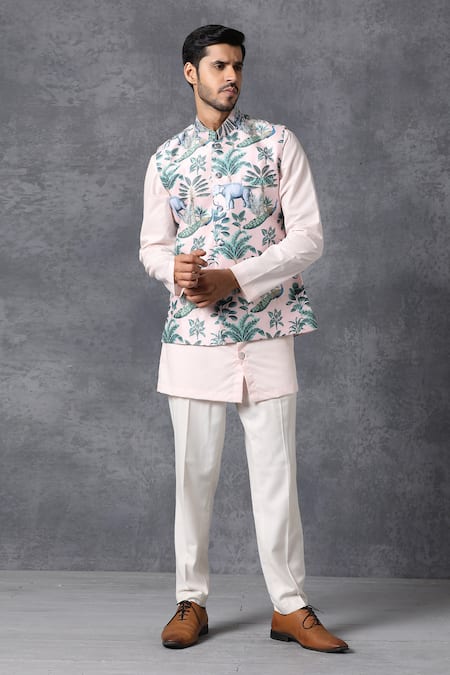 Ankit V Kapoor_Pink Silk, Cotton Printed Nehru Jacket_Online_at_Aza_Fashions