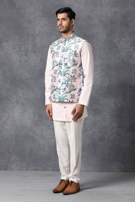 Buy_Ankit V Kapoor_Pink Silk, Cotton Printed Nehru Jacket_Online_at_Aza_Fashions