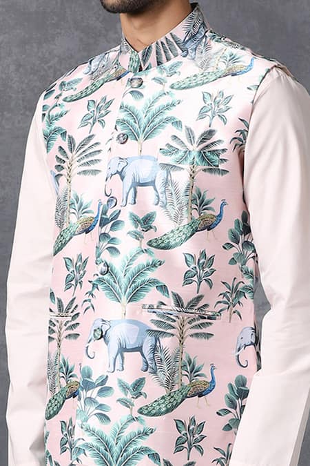 Shop_Ankit V Kapoor_Pink Silk, Cotton Printed Nehru Jacket_Online_at_Aza_Fashions