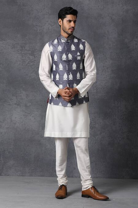 Ankit V Kapoor_Grey Raw Silk Printed Nehru Jacket_Online_at_Aza_Fashions