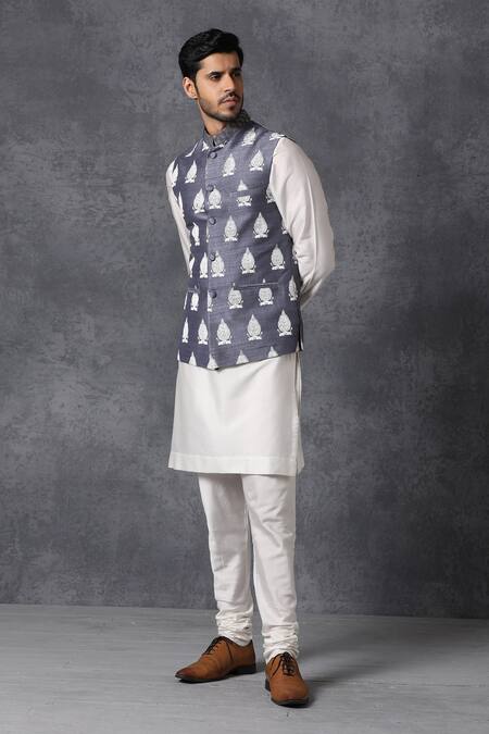 Buy_Ankit V Kapoor_Grey Raw Silk Printed Nehru Jacket_Online_at_Aza_Fashions