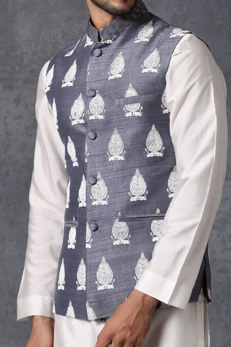 Shop_Ankit V Kapoor_Grey Raw Silk Printed Nehru Jacket_Online_at_Aza_Fashions