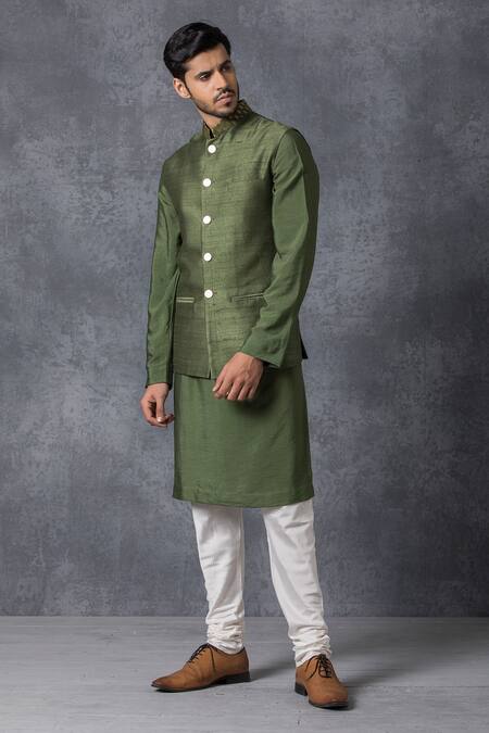 Buy_Ankit V Kapoor_Green , Cotton, Raw Bundi And Kurta Set_Online_at_Aza_Fashions